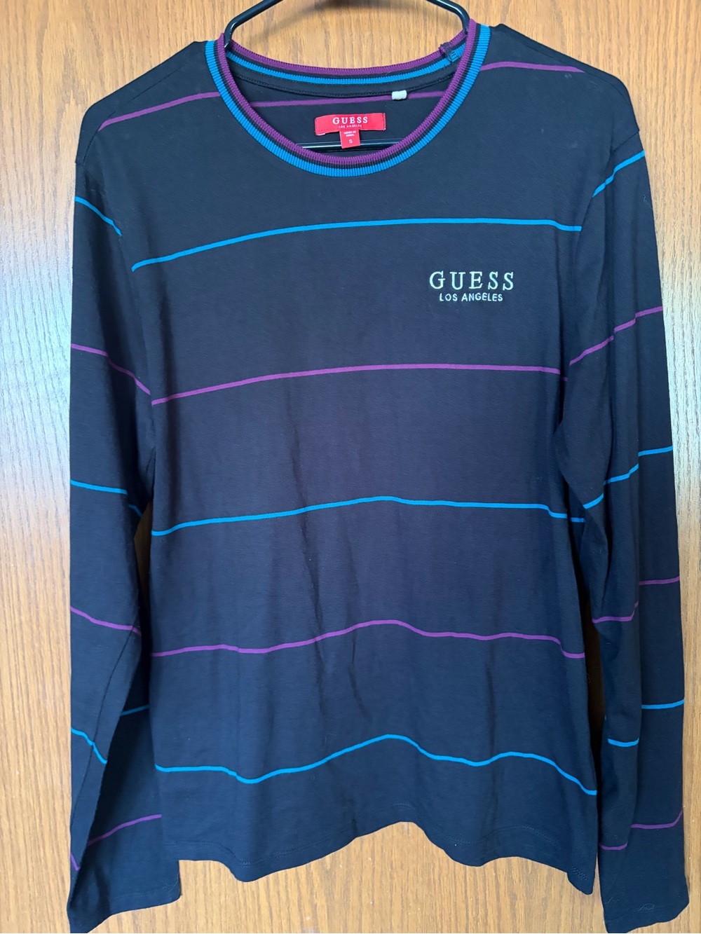 GUESS Black Long-Sleeve Crewneck with Blue and Purple Stripes